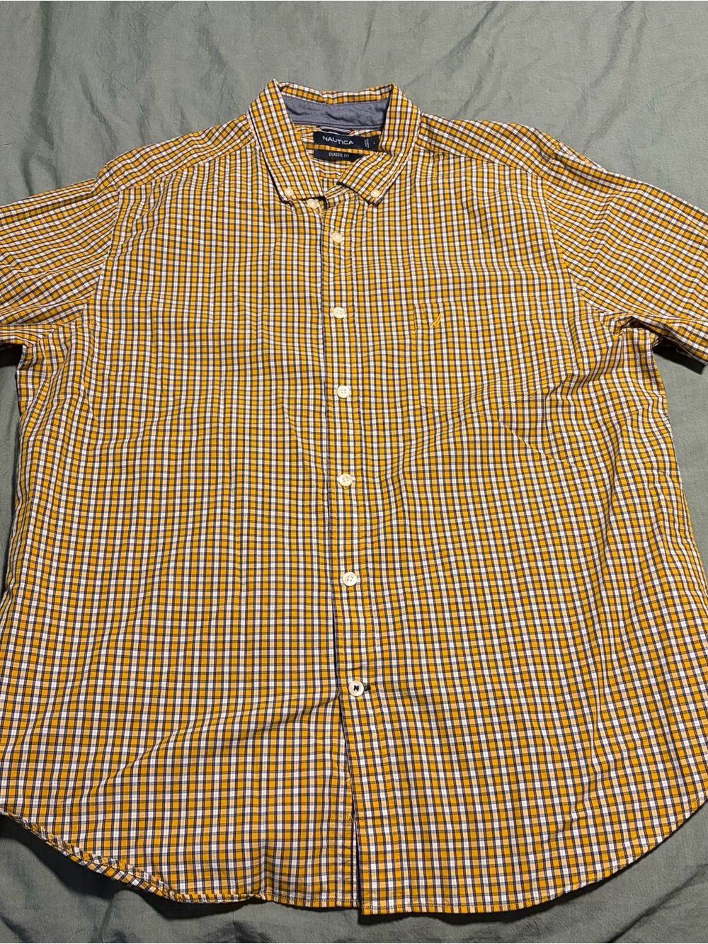 Nautica Men's Yellow and White Plaid Short-Sleeve Button-Down Shirt